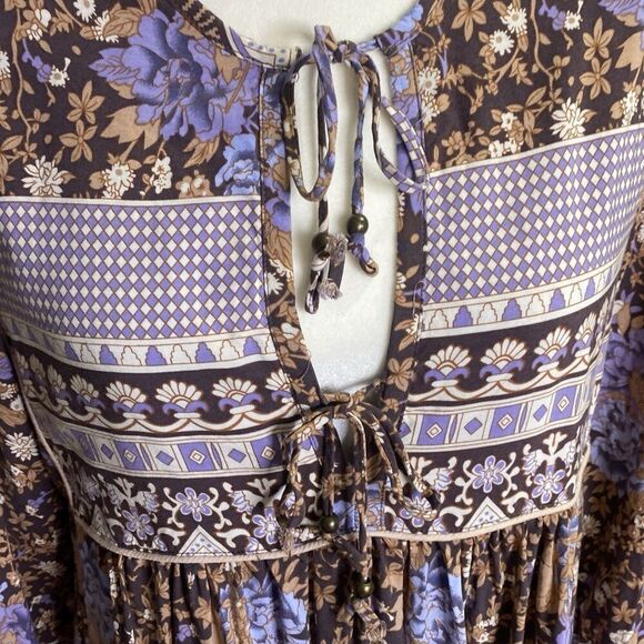 R Vivimos Dress Brown Purple Floral Boho Peasant Bead Tie Rayon Midi Size Small - Picture 5 of 7